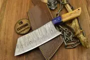 Handmade Damascus Steel Cleaver Chopper Knife, Olive Wood , 28"