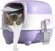 Extra Large Cat Litter Box with High Wall Enclosed XL Cat Litter Box for Big & Portable Anti-Splashing Covered Kitty Pet Toliet Box with Scoop, Easy to Clean (Purple,White)