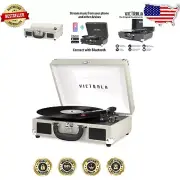 Travel-Friendly Light Grey Suitcase Turntable with Bluetooth & Built-in Speakers