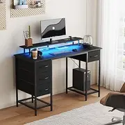 Ufurniture 120cm Gaming Computer Desk RGB LED Lights & Power Outlets, Black Home Office Desk with Removable Drawer, Writing Workstation with Monitor Stand