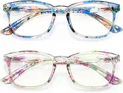 Reading Glasses 2 Pairs Fashion Ladies Readers Magnifying Readers Anti Blue-Ray Spring Hinge with Pattern Print Lightweight Comfortable Eyeglasses for Women | Purple Pink Blue Green