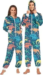 [ZZXXB] Colorful Dino Roar Onesie Pajamas for Adult Women Men Long Sleeves One Piece Onesies Hooded Sleepwear S - XL