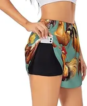 [WURTON] Cute Rooster Chickens Print Exercise Gym Workout Shorts Women's Athletic Shorts Dual-Layered Yoga Running Shorts