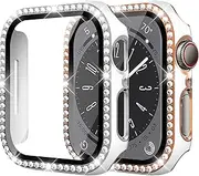 2 Pack Diamond Case for Apple Watch 9 8 7 45mm, Bling Cover Bumper Frame with Tempered Glass Screen Protector for Women iWatch Series 9 8 7 Accessories,White-Silver/White-Rose Gold