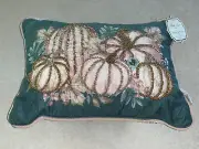 Bella Lux Teal Harvest Pumpkin Halloween Throw Pillow 10x14" Beaded Accents New