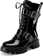 [Perisis] Women's Leather Platform Lug Sole Low Chunky Heel Combat Boots Lace Up Buckles Zipper Fashion Ankle Booties