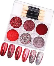 EnMart Chrome Nail Powder Set, Red Mirror Powder for Nails, 6 Colors Shimmer Nail Art Kit Red Metallic Effect Mirror Pigment Glitter Dust Kit for Nail DIY Face Body Hair Makeup Crafts Decoration