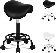 [ALFORDSON] Salon Stool Sierra Saddle Swivel Drafting Rolling Stools with 50-64.5cm Height Adjustment PU Leather Spa Stool with Footrest Wheels Backless Barber Chair Hair Dress SPA Massage (All Black)