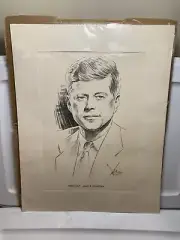 VINTAGE 1961 JFK JOHN F KENNEDY LITHO SKETCH ARTIST SIGNED, SEALED, MATTED