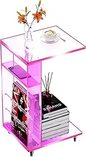 Clear Acrylic Rolling Side Table, C Shaped Table with Wheels, Fit for Small Spaces, Living Room, Bedroom (Pink)