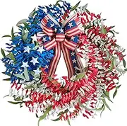Egolot 22Inch Patriotic Soft Touch Red White Blue Boxwood Leaves Wreath for Front Door, Forth of July American Flag Color Wreath for Indoor Outdoor, Independence Home Decor with Stripe Bow Knot