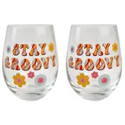2x Urban 12cm Wine Glass Retro Floral Stay Groovy Stemless Drinking Glassware