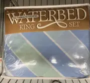 NOS Vintage 1980s King Waterbed Sheet Set Blue Green Geometric Stripes