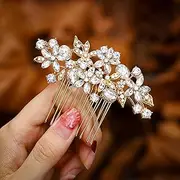 Foyte Crystal Bride Wedding Hair Comb Silver Flower Bridal Headpieces Leaf Hair Pieces Rhinestone Bridesmaid Side Combs Hair Accessories for Women and Girls (gold flower)