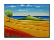 Genuine Oil painting, Country field scenery, size 90x120cm, stretched on 40mm ti