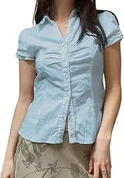 [WeiHykki] Women's Basic Button Down Blouse Shirts Short Sleeve V Neck Lapel Collar Tight Blouse Tie Up Back Slim Fit Tops Summer Office Shirt
