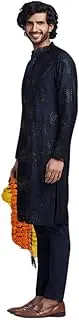 KISAH Men's Kurta, Navy Blue Cotton, Embellished Regular Fit Mandarin Collar Long Sleeves