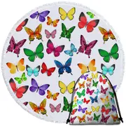 White Back Vivid Colored Butterflies Round Beach Towel