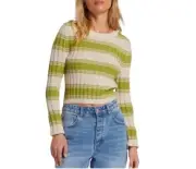 Billabong Womens Clare Ribbed Stripe Knit Sweater Size Large Green And Cream