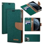 Goospery Canvas Apple iPhone 11 Pro Wallet Leather Case Denim Stand Flip Fabric Pouch Credit Card Slots Cover - Green