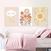 EXQULEG Set of 3 Posters for Children's Room, Rainbow Clouds, Flowers Pictures without Frame, Pictures for Baby's Room, DIN A4, Boho Decoration Boy Girl (B)