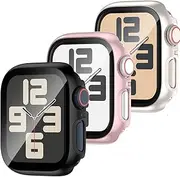 [YJLink] (3 Packs) Screen Protector for Apple Watch 45mm Series 9 Series 8 Series 7 Case,with Hard PC Protective Bumper and Ultra-Thin Face Cover for Iwatch Series 9/8/7 45mm (Black+RoseGold+Starlight)