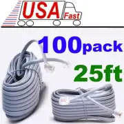 Lot100 25ft RJ11 Modular 6P4C 4wire Phone/Telephone Line Flat Cord/Cable{SILVER
