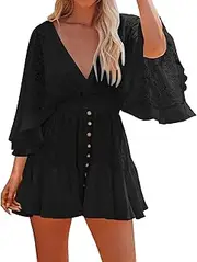 [Generic] Ladies Dress V Neck Mini Dresses Bell Sleeve Crochet Romper Dress Beach Vacation Dress Womens Casual Summer Dresses