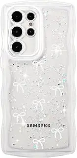 [ZTOFERA] for Samsung Galaxy S21 Ultra Case, Cute Wave Frame Curly Bow TPU Transparent Slim Bowknot Shockproof Glitter Cover, White