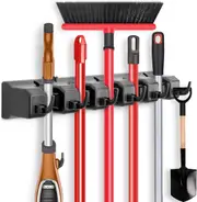 Wall Mounted Mop and Broom Holder with 5 Ball Slots and 6 Hooks - Black