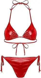 TiaoBug Women's Metallic Shiny Halter Padded Triangle Self Tie Bikini Bathing Suits 2 Piece Bikini Swimsuits