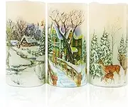 Darnassus Christmas Flameless Candles Real Wax LED Candles Decor Battery Operated with Timer and Green Christmas Tree Decal,Set of 3,Warm Light