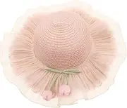 [DEARMAMY] Girls Wide Brim Sun Hat Summer Straw Cap Beach Hat Breathable Sun Protection Bucket Cap for Kids Children Outdoor Adventures Pink