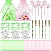 30Pcs Witch and Princess Party Favors-6 Small Princess Crowns and 6 Green Glasses, 12 Wizard Witch Broom and Mini Star Wands Shaped Pens, 6 Pink and Green Goodie Bags for Witch Birthday Party Decor