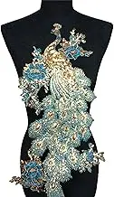 Rainbow Blue Green Gold Sequin Feather Peacock Peafowl Sew Iron On Patches Embroidered Badges Appliques for DIY Wedding Evening Dress Decor Craft (Blue)