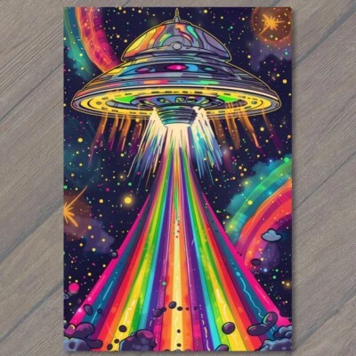 FLATCARD Alien Spaceship UFO Rainbow Smoke Cartoon Style Colorful Stars Moon