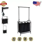 Bronze 3-Bag Rolling Laundry Sorter with Adjustable Hanging Bar - Modern Design