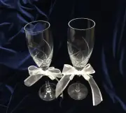Crystal Glassware Wedding Flutes-Ribbon With Rhinestone & Pearl. 9" Tall