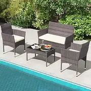[TINKLE WELL] Outdoor Patio Furniture Sets, 4 Pieces Rattan Chairs Wicker Conversation Set with Tempered Glass Table, Cushion, for Yard, Garden, Poolside, Porch, Bistro, Balcony