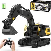 1:18 Scale Remote Control Excavator Construction Toys for Boys, [2025 Upgraded] 11-Channel RC Excavator Toy with Metal Shovel for Boys 6+ Kids Birthday, 100+Mins/Spray/Sound/Light
