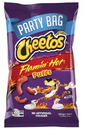 2 x Cheetos Flamin Hot Puffs Chips Cheese Snacks Party Bag 150G