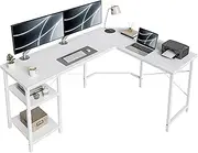 L Shaped Computer Desk, 150 cm Industrial Office Desk with Storage Shelves, White Wood and Metal Corner Desk for Home Office, White