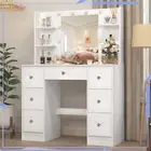 Modern Vanity Makeup Table with 7 Drawers and Large LED Lighted Mirror White