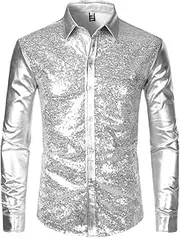[Generic] Sequin Glitter Dress Shirt Men Shiny Long Sleeve Button Down Disco Party Dance Shirt Male Costume