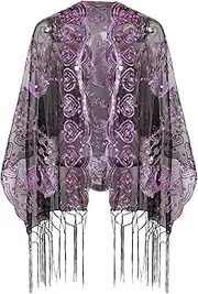 [BAOKELAN] 1920s Sequin Scarf Shawls for Women Sparkly Mesh Fringe Evening Cape Wraps for Wedding Bridal Dresses