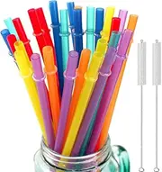32 Pieces Reusable Plastic Straws Fit for Mason Jars, Tumblers, BPA-FREE, 10.25" Extra Long Rainbow Colored unbreakable Drinking straws with 2 Cleaning Brushes- Eco-friendly