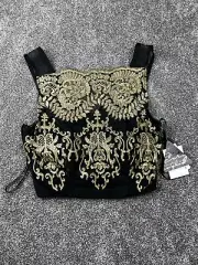 City Triangle Top Womens 5 Mesh Embroidered Sleeveless Crop Top Black &Gold NWT