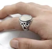 Men White Opal Ring Pure 925 Silver Jewelry Wide Cocktail Ring Antique Ring