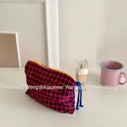 Olsin - Plaid Travel Makeup Bag Red & Blue - One Size