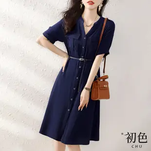 初色 短袖半開領純色顯瘦腰帶中長裙連衣裙洋裝-藏藍色-67982(M-2XL可選)